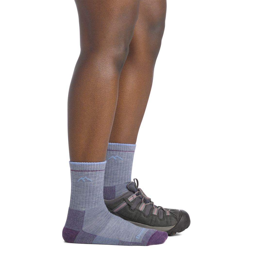 on model image side view with back foot in shoe wearing the 1903 micro crew hiker in light denim colorway