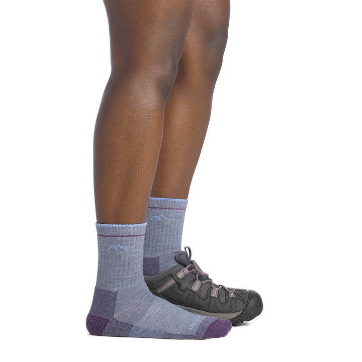 on model image side view with back foot in shoe wearing the 1903 micro crew hiker in light denim colorway
