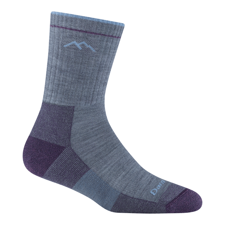 1903 women's hiker micro crew hiking sock in light denim with purple toe/heel accents, light blue darn tough mountain detail