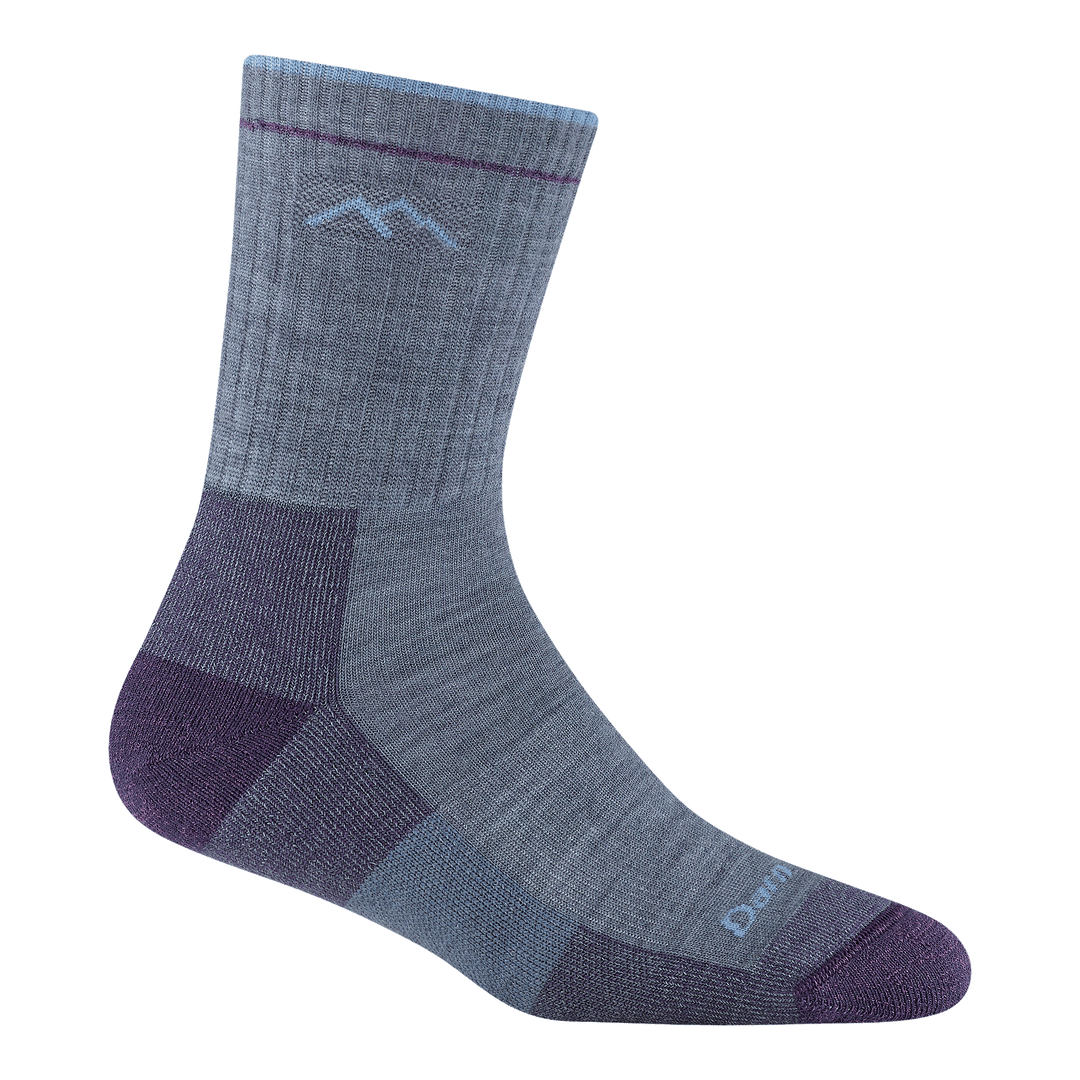 1903 women's hiker micro crew hiking sock in light denim with purple toe/heel accents, light blue darn tough mountain detail