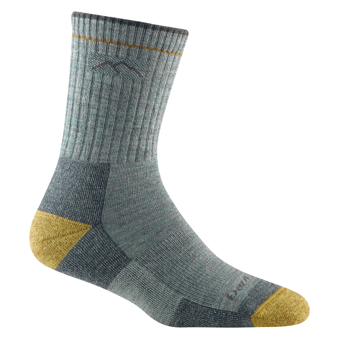1903 women's micro crew hiking sock in color sage green with yellow toe/heel accents and gray color block details