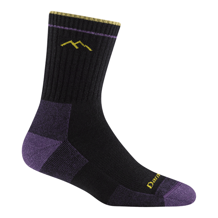 1903 Midweight hiker micro crew in shadow colorway with a dark purple body, light purple heel/toe, and yellow logo 
