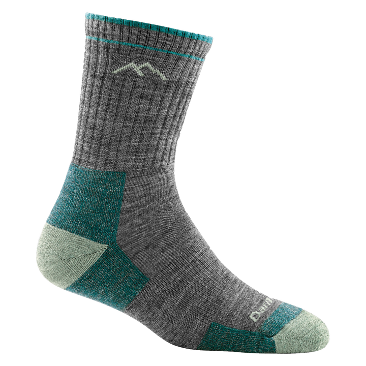 Closep detail shot of the Women's Hiker Micro Crew Midweight Hiking Sock in Slate with seafoam and dark teal accents