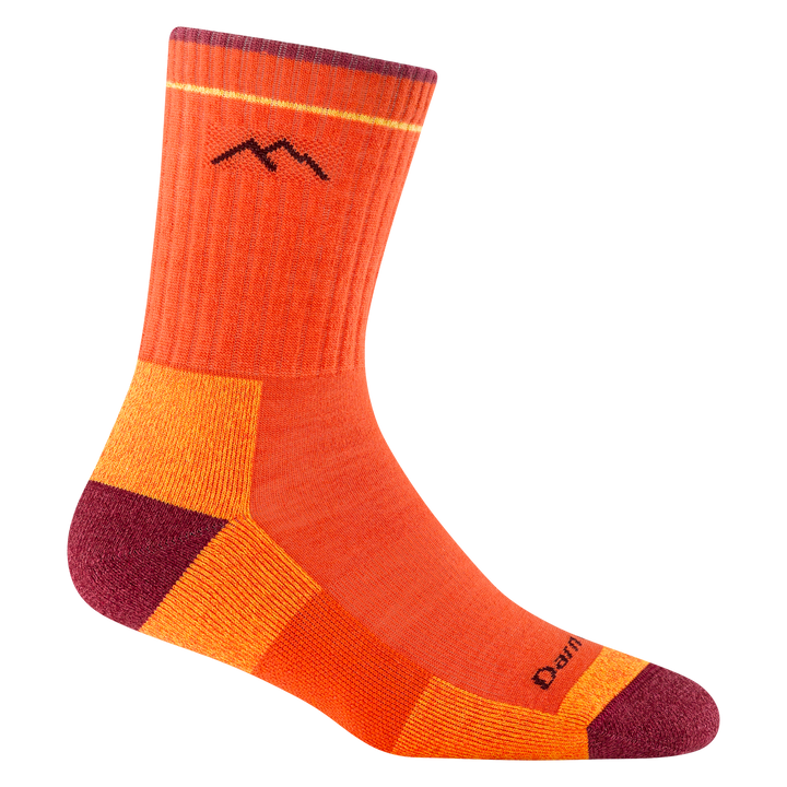 1903 women's limited edition micro crew hiking sock in Tangerine Orange with burgundy toe/heel accents and yellow details
