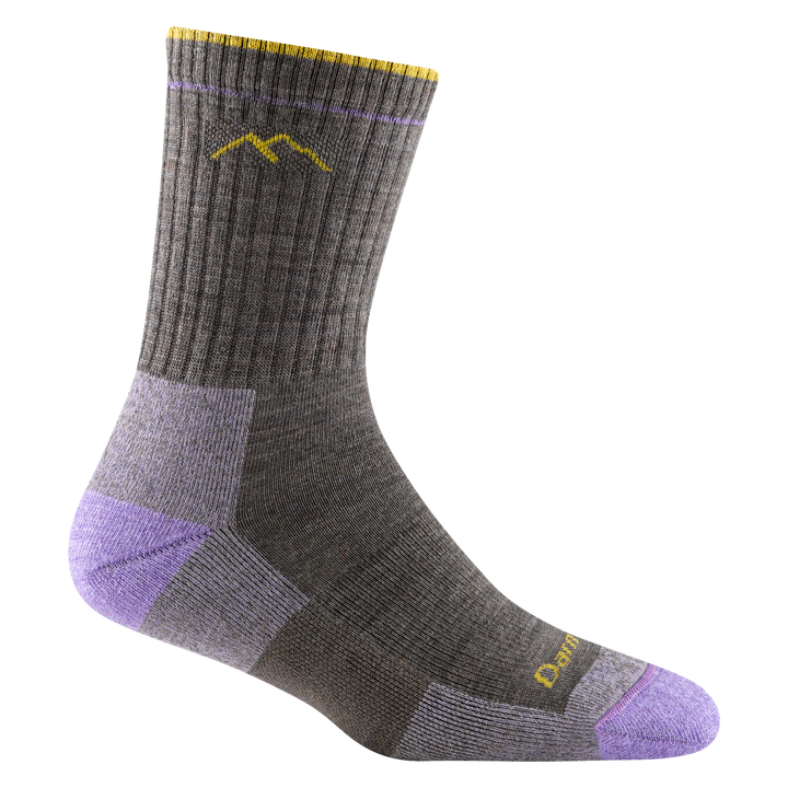 1903 women's micro crew hiking sock in taupe with lavender toe/heel accents and yellow darn tough signature on forefoot