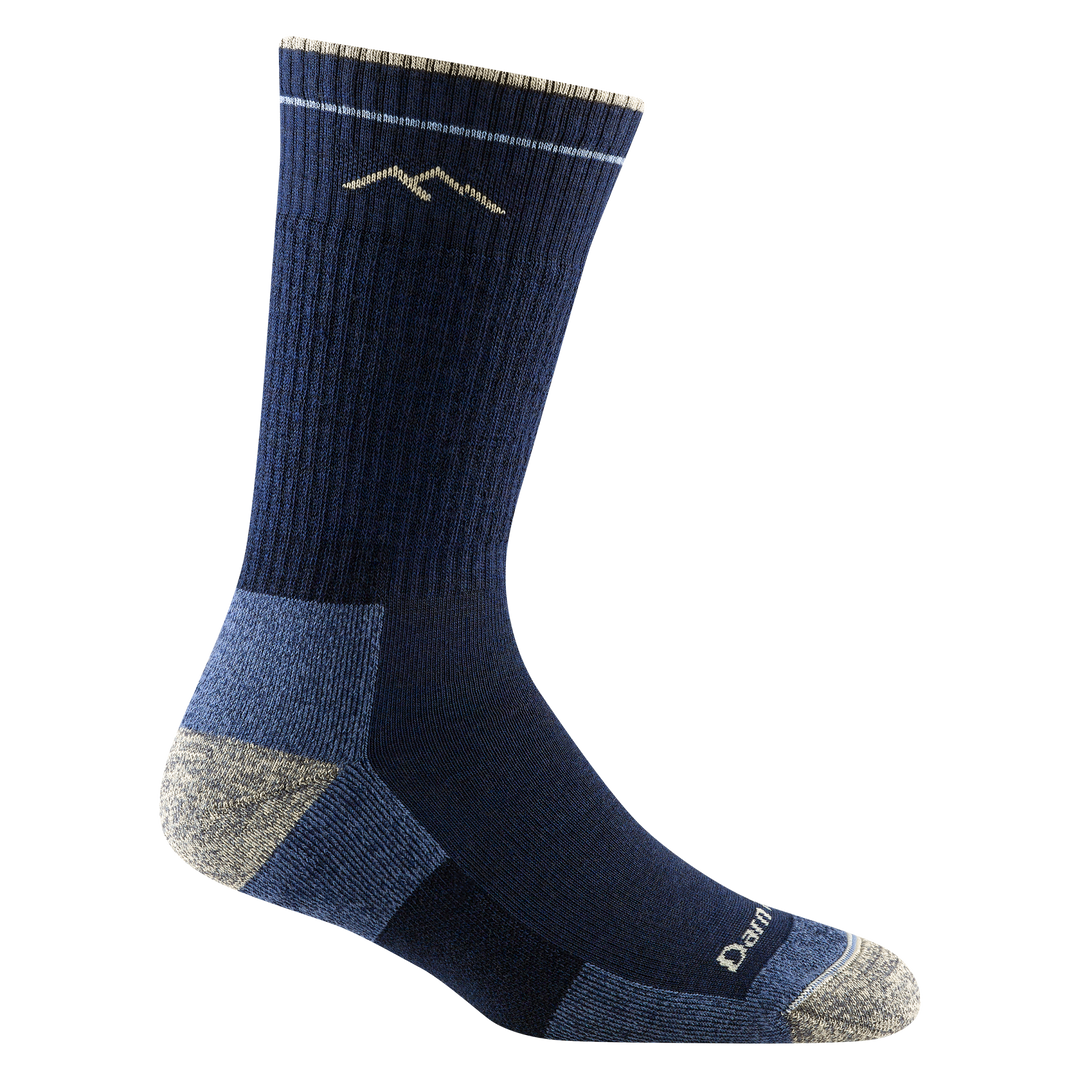 1907 women's hiking boot sock in color navy blue with heathered gray toe/heel accents and light blue color block details