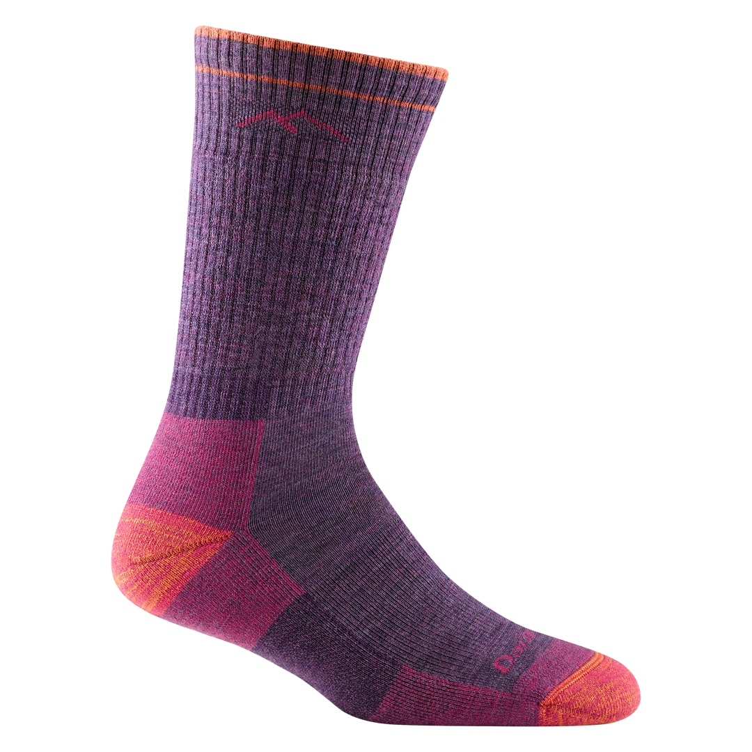1907 women's hiking boot sock in color plum purple with coral toe/heel accents and pink color block details