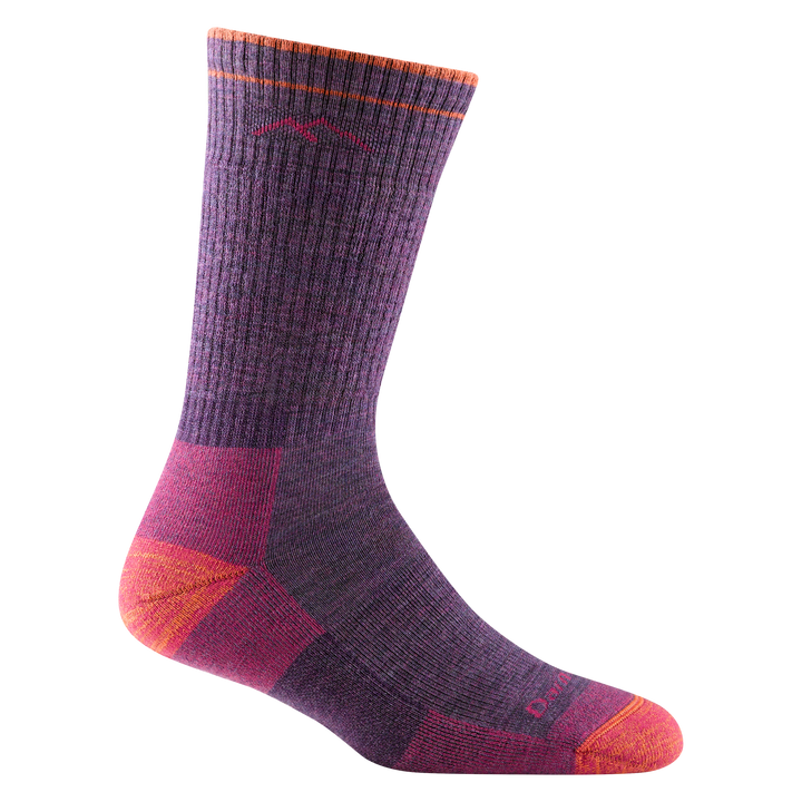 1907 women's hiking boot sock in color plum purple with coral toe/heel accents and pink color block details