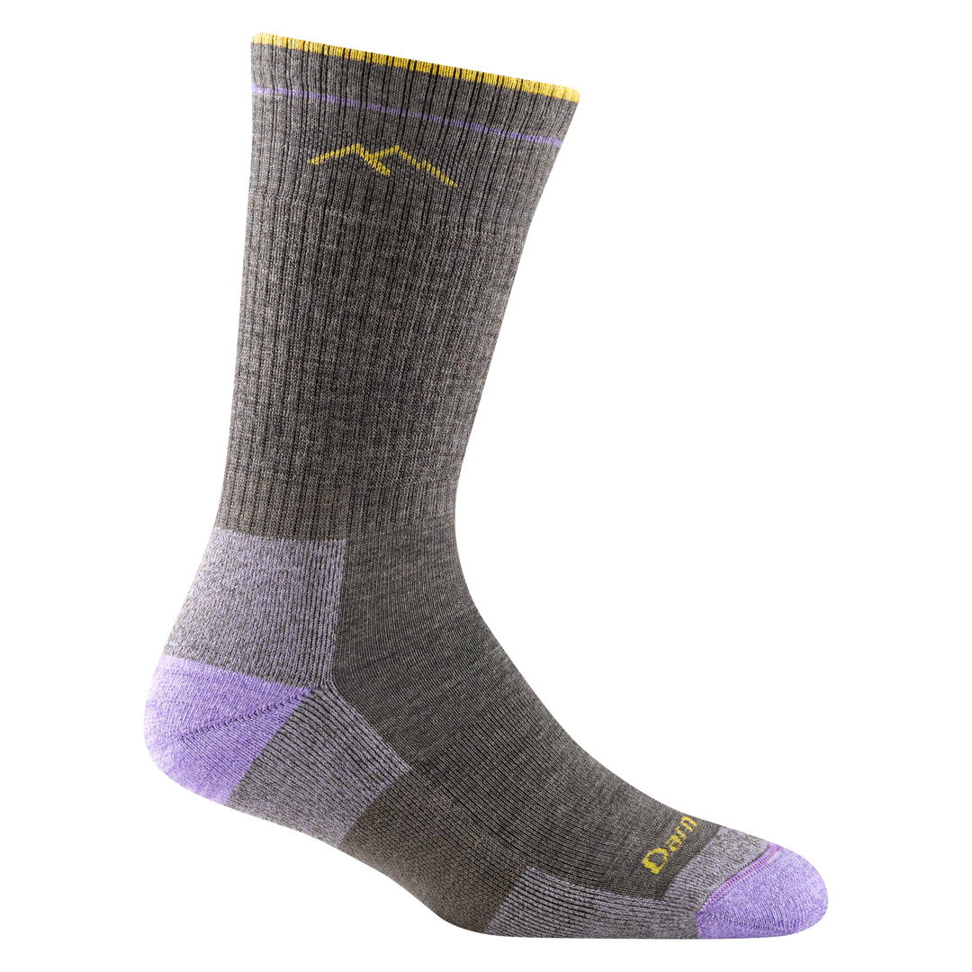 1907 women's hiking boot sock in color taupe with lavender toe/heel accents and yellow darn tough signature on forefoot