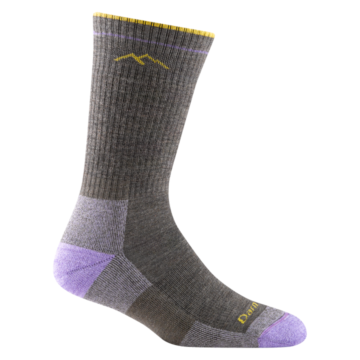 1907 women's hiking boot sock in color taupe with lavender toe/heel accents and yellow darn tough signature on forefoot