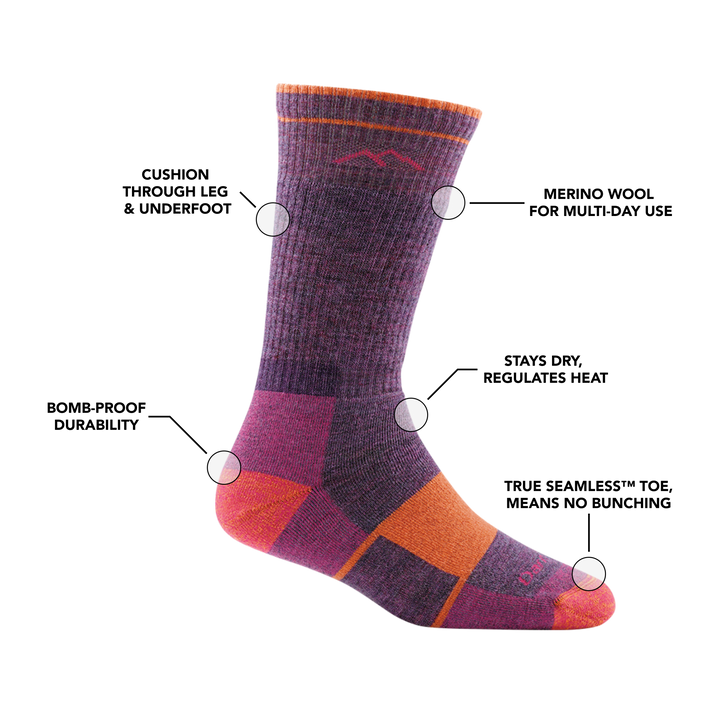 Image of Women's Hiker Boot sock in Plum Heather calling out all of it's features and benefits.