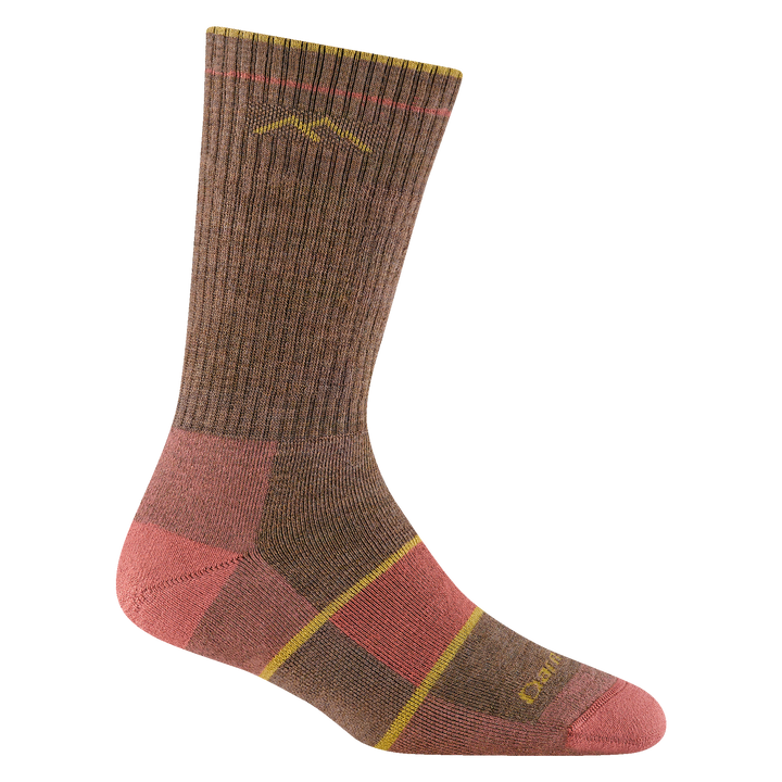 1908 women's hiking boot sock in color Bark with peach toe/heel accents and yellow details