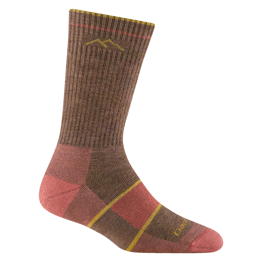 1908 women's hiking boot sock in color Bark with peach toe/heel accents and yellow details