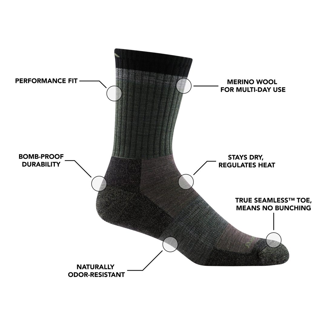 Image of Men's Heady Stripe Hiking Sock in Fatigue calling out all of the features of the sock