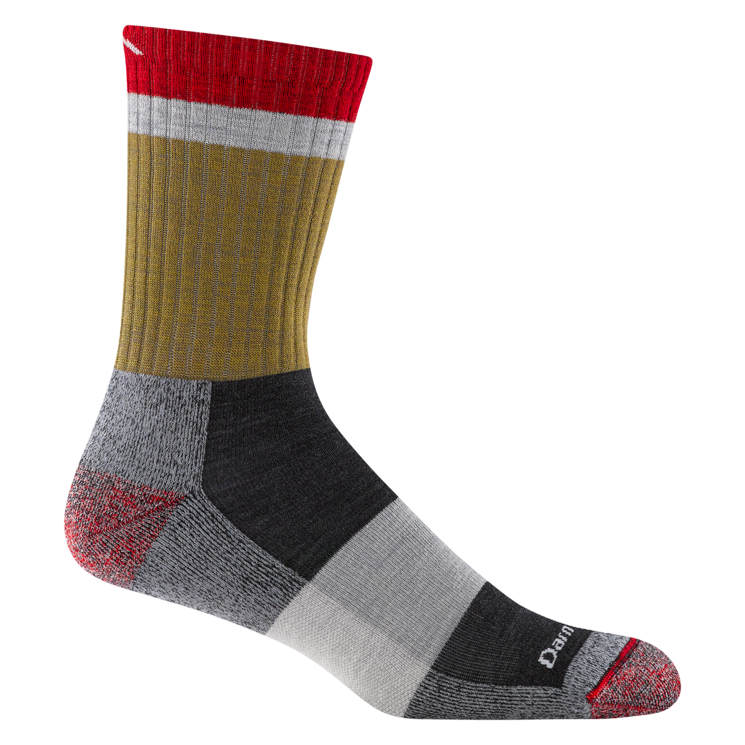 1924 men's heady stripe micro crew hiking sock in ash with red/gray toe/heel accents and black/ white/gray forefoot