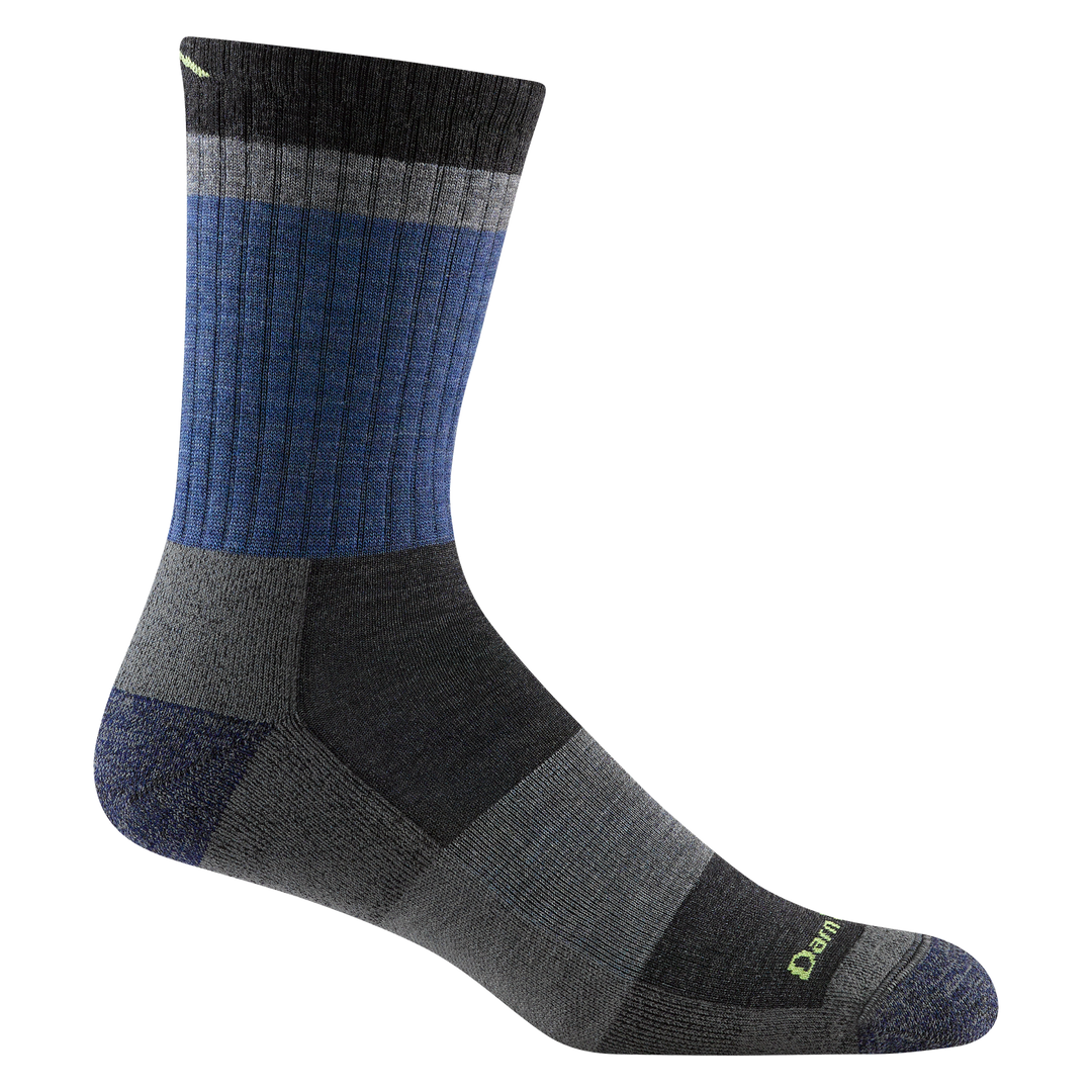 1924 men's heady stripe micro crew hiking sock in color blue with heathered toe/heel accents and gray and black forefoot