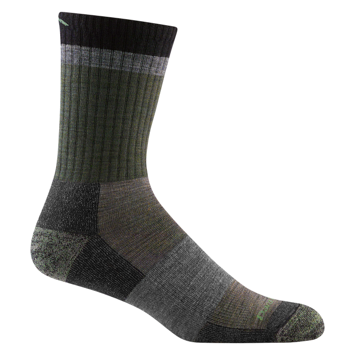 1924 men's heady stripe micro crew hiking sock in color olive green with gray accents and beige and gray forefoot