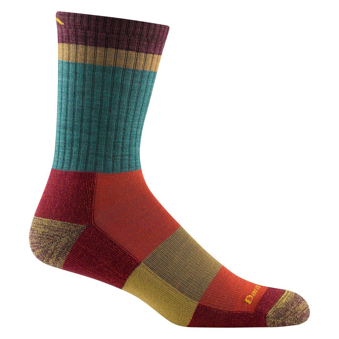 1924 men's heady stripe micro crew hiking sock in teal with yellow toe/heel accents and red, orange and yellow forefoot