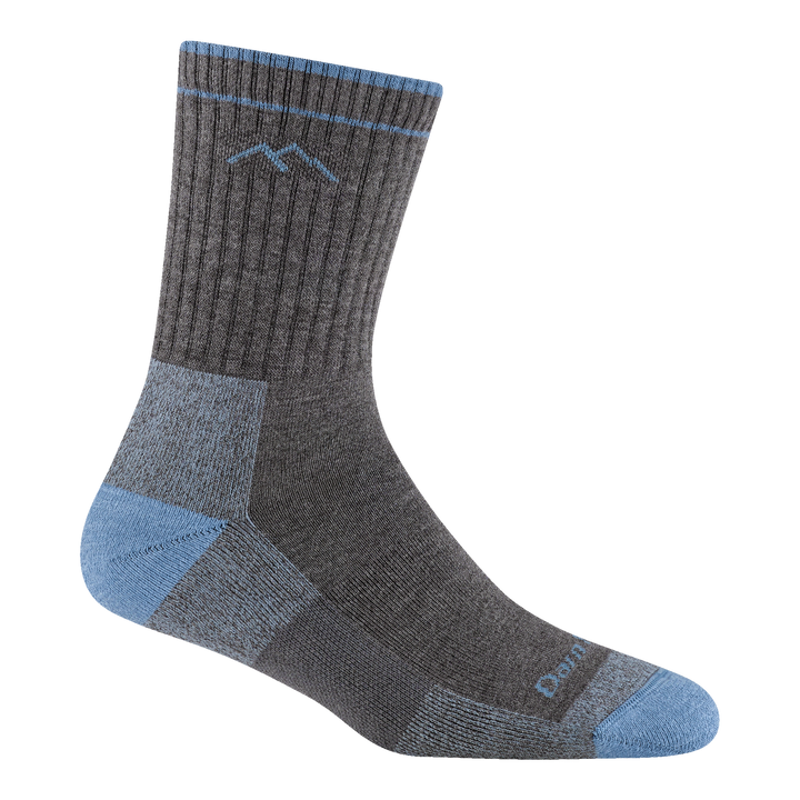 1929 women's coolmax micro crew hiking sock in gray with blue toe/heel accents and mountain logo