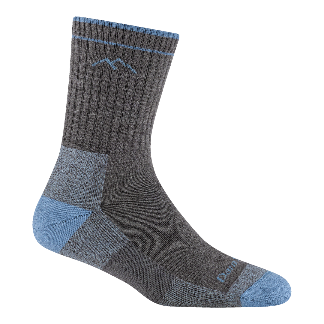 1929 women's coolmax micro crew hiking sock in gray with blue toe/heel accents and mountain logo