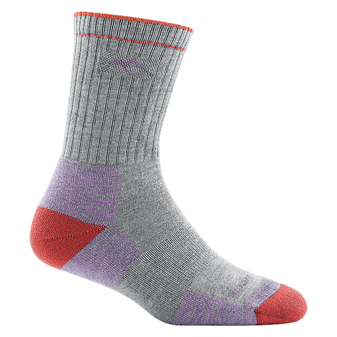 1929 women's coolmax micro crew hiking sock in light gray with orange toe/heel accents and purple mountain logo