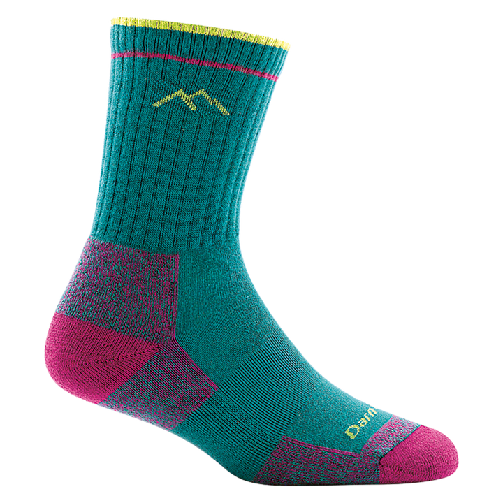 1929 women's coolmax micro crew hiking sock in teal with pink toe/heel accents and lime green mountain logo