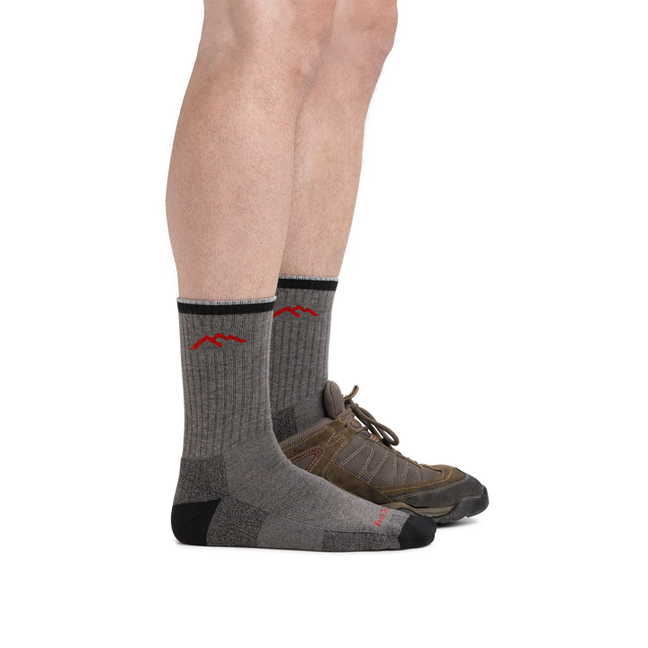 Man wearing Coolmax Hiker Micro Crew Hiking sock and back foot wearing hiking shoe, showing the sock is shin height