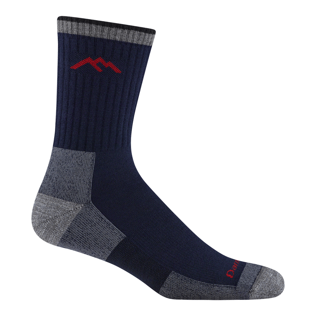 1931 men's coolmax micro crew hiking sock in Navy with gray toe/heel accents and red mountain logo
