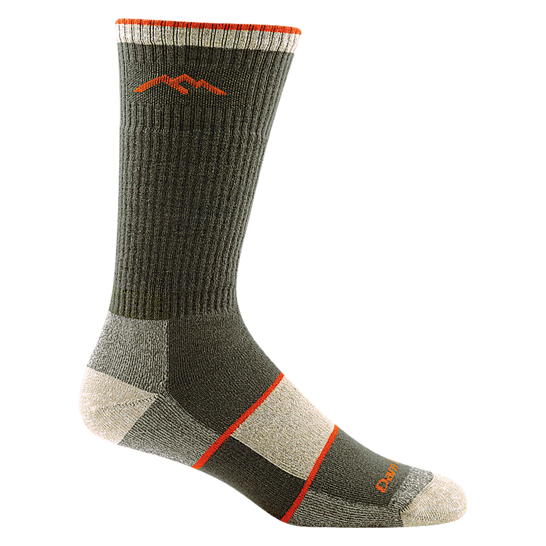 1933 men's coolmax boot hiking sock in color olive green with tan toe/heel accents and 2 orange stripes on forefoot
