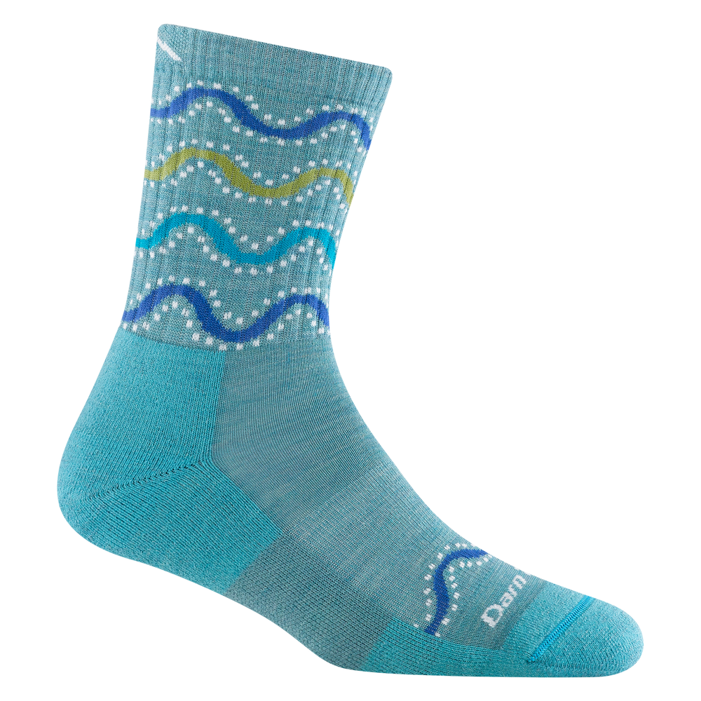 1943 wandering stripe in aqua featuring and blue body with blue and yellow wave stripes on ankle