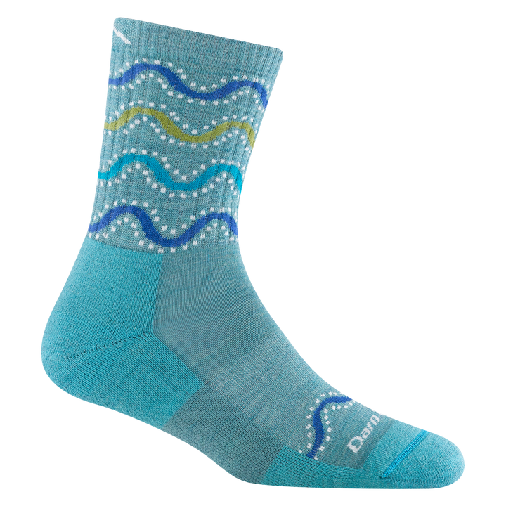 1943 wandering stripe in aqua featuring and blue body with blue and yellow wave stripes on ankle