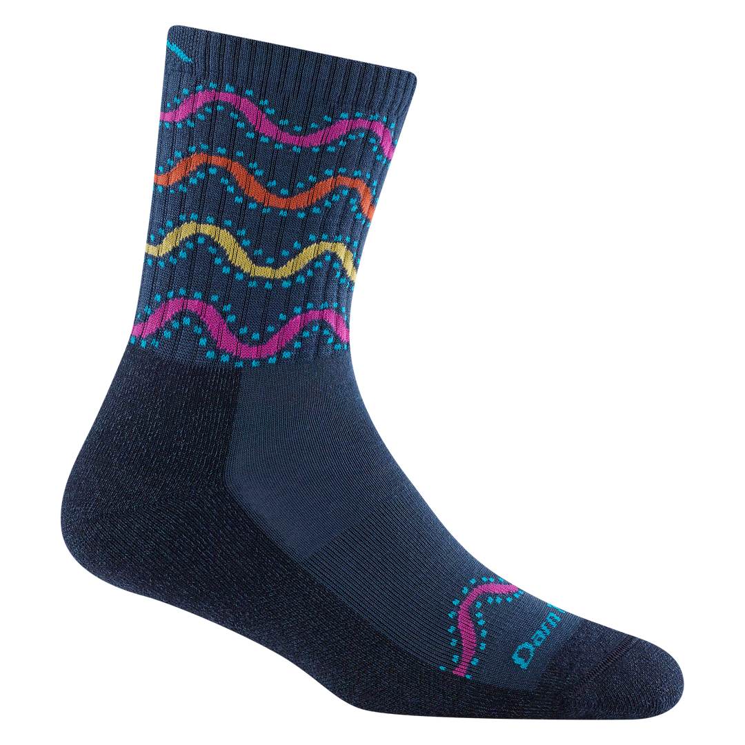 1943 wandering stripe in eclipse featuring and Dark blue body with pink orange and yellow wave stripes on ankle