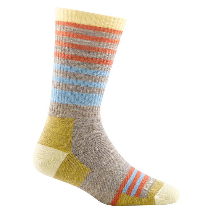 1946 women's gatewood boot hiking sock in color oatmeal with yellow toe/heel accents and orange and blue striping
