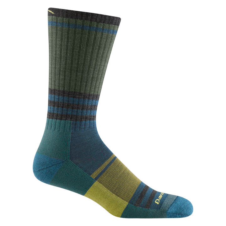 1952 men's spur boot hiking sock in forest green with teal accents, yellow forefoot block and brown leg striping