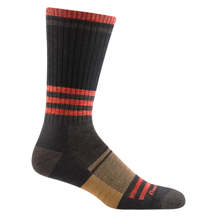 1952 men's spur boot hiking sock in hickory brown with tan forefoot block and red horizontal leg striping