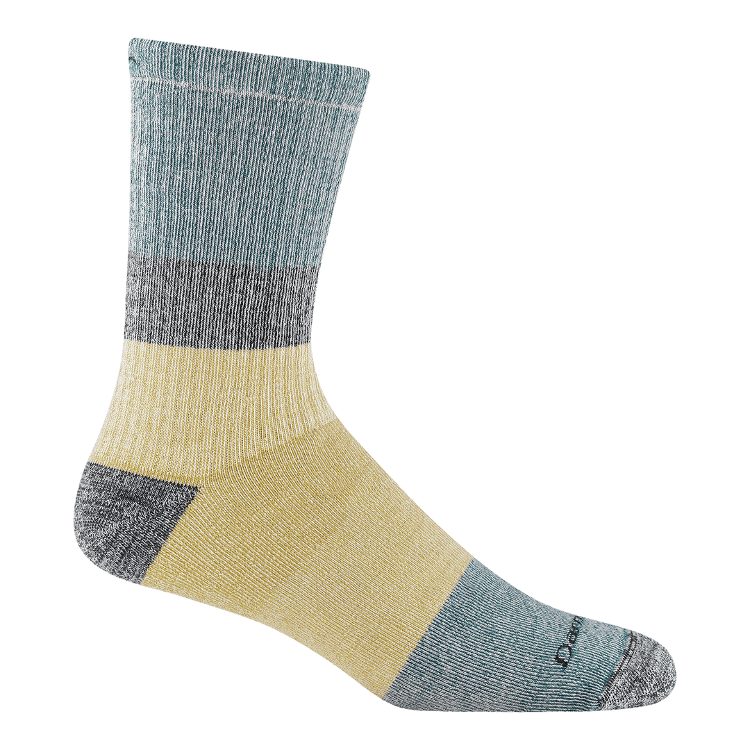 1953 men's mountaineering micro crew hiking sock in geyser with gray toe/heel accents yellow and blue color blocks on body

