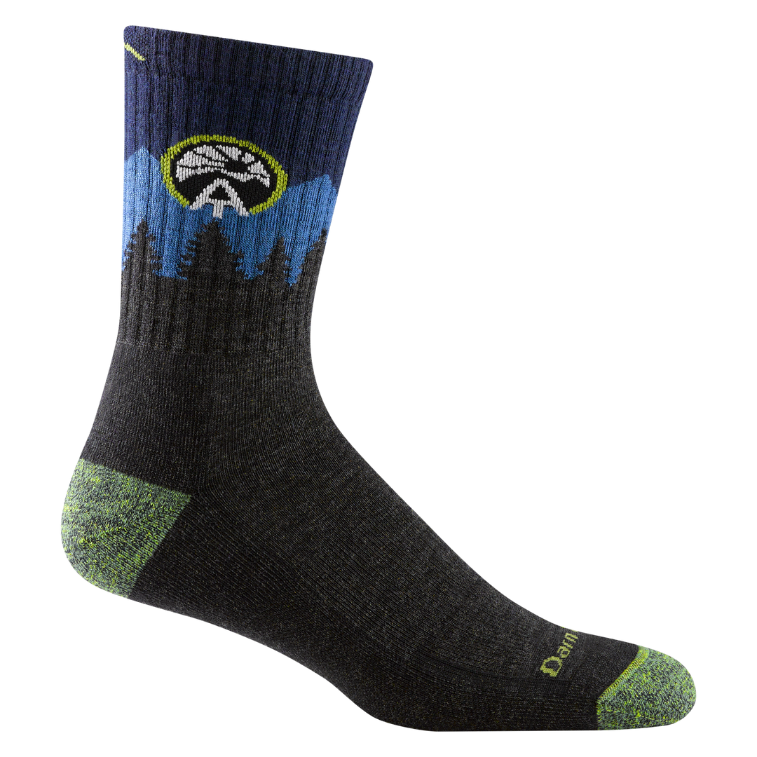 1956 unisex ATC micro crew hiking sock in color dark gray with green accents, blue calf, and tree silhouette design