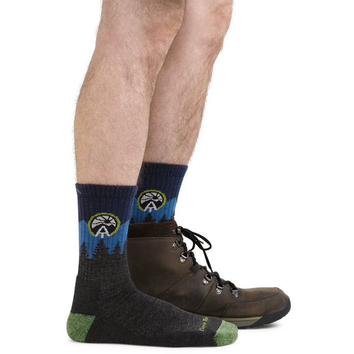 1956 ATC hiking socks in eclipse blue on foot wearing hiking boots
