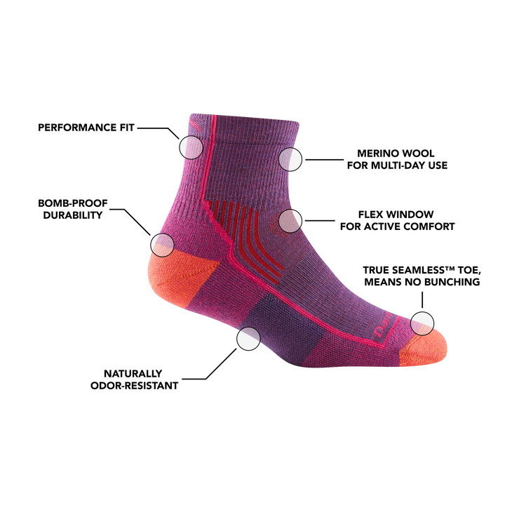 Women's quarter hiking socks with feature benefit callouts, such as a flex window for active comfort and performance fit