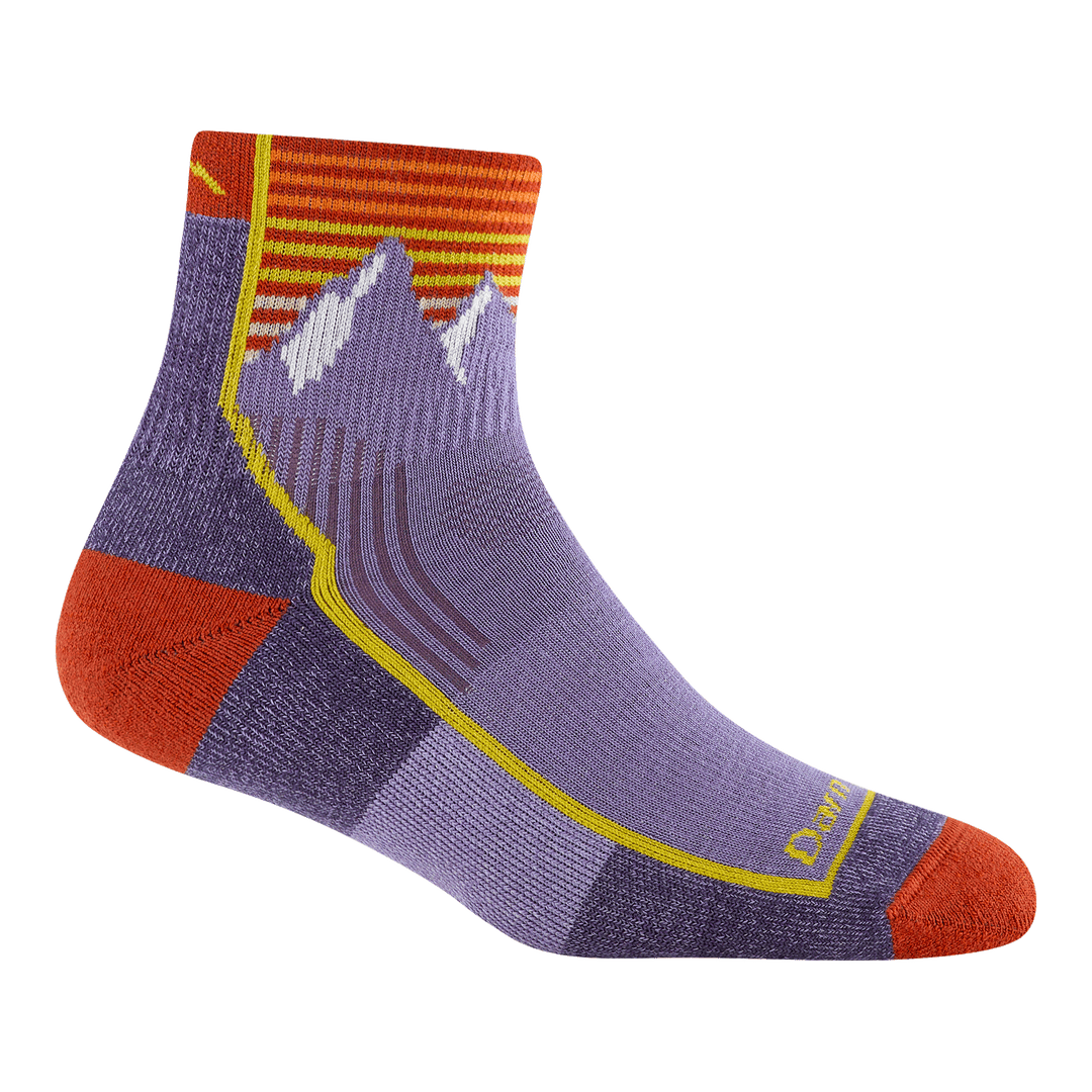 1958 quarter hiking sock in mountain lupine featuring a red heel/toe purple body with stripes and mountain image on cuff