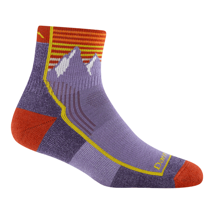 1958 quarter hiking sock in mountain lupine featuring a red heel/toe purple body with stripes and mountain image on cuff