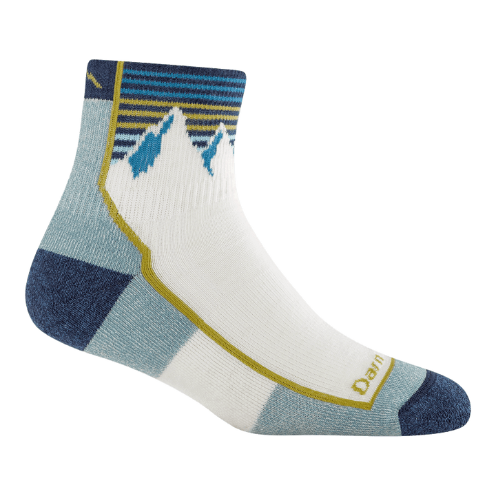 1958 quarter hiking sock in mountain white featuring navy toe/heel white body and mountain and stripes on the cuff