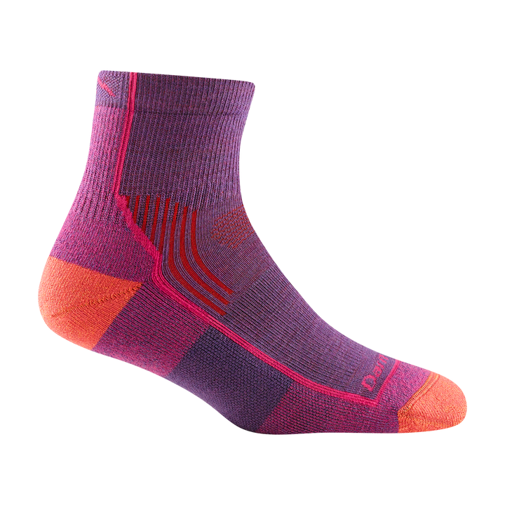 1958 women's quarter hiking sock in color berry purple with coral toe/heel accents and pink forefoot outline