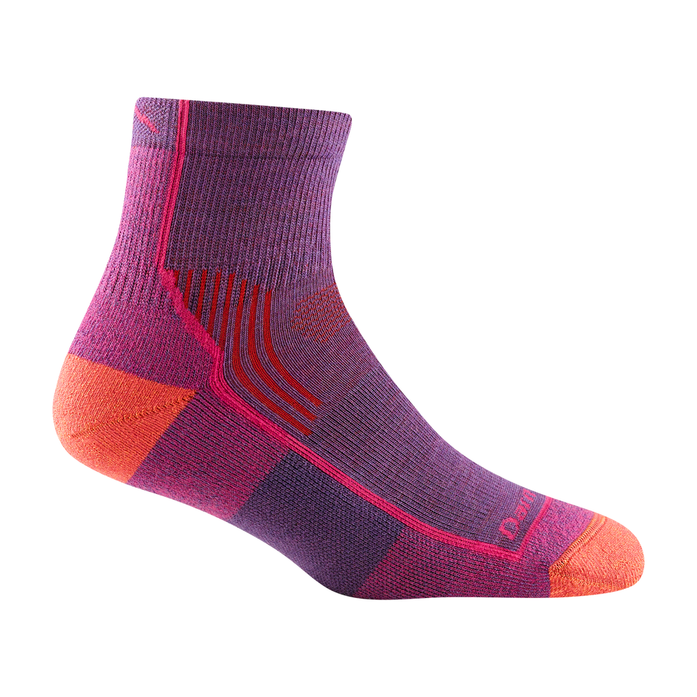 1958 women's quarter hiking sock in color berry purple with coral toe/heel accents and pink forefoot outline