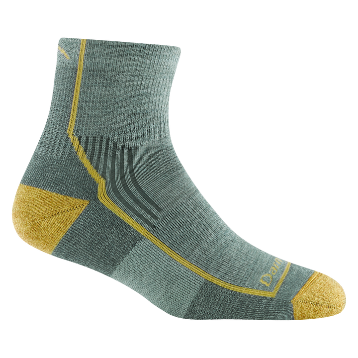 1958 women's quarter hiking sock in color sage with yellow toe/heel accents and forefoot outline