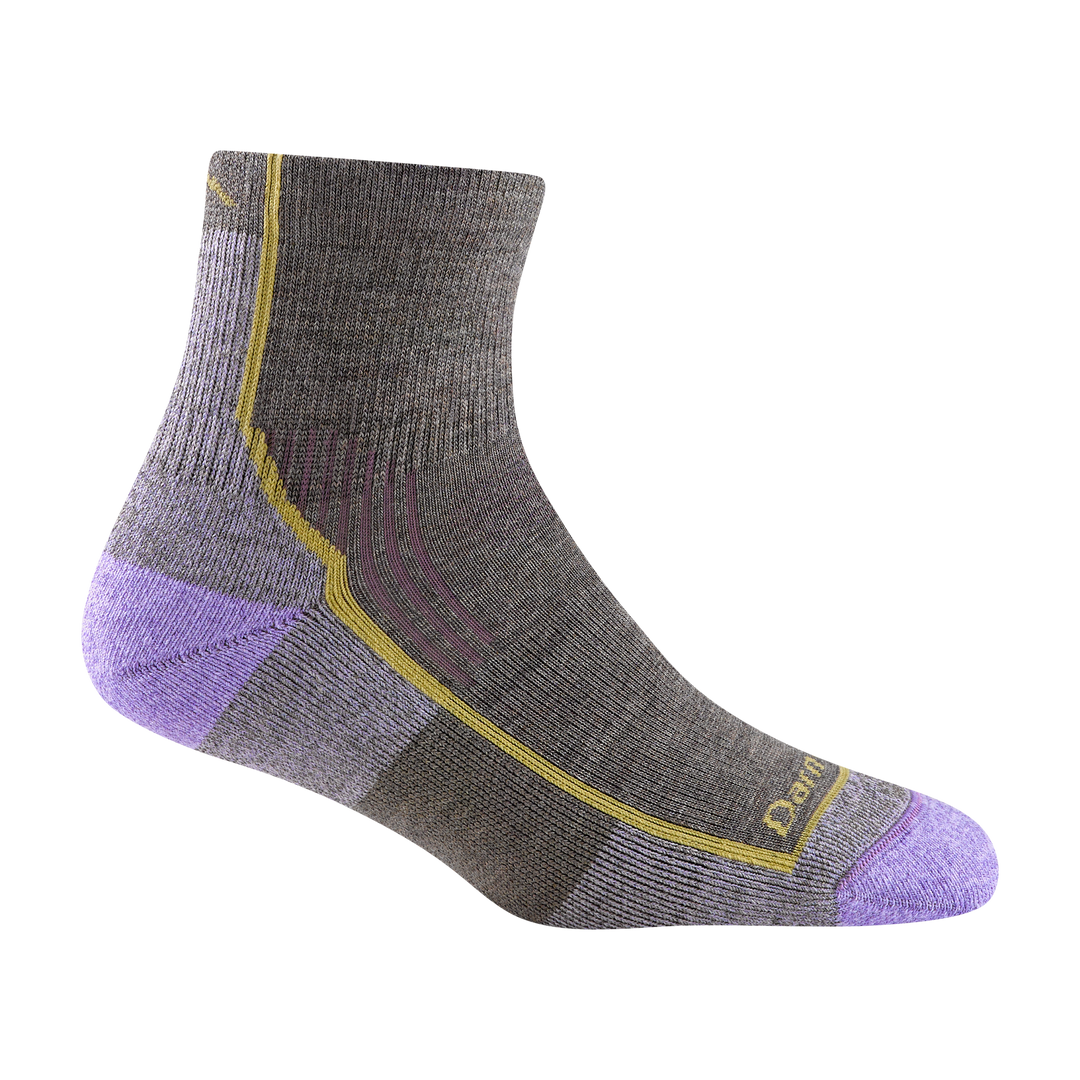 1958 women's quarter hiking sock in color taupe with lavender toe/heel accents and yellow forefoot outline
