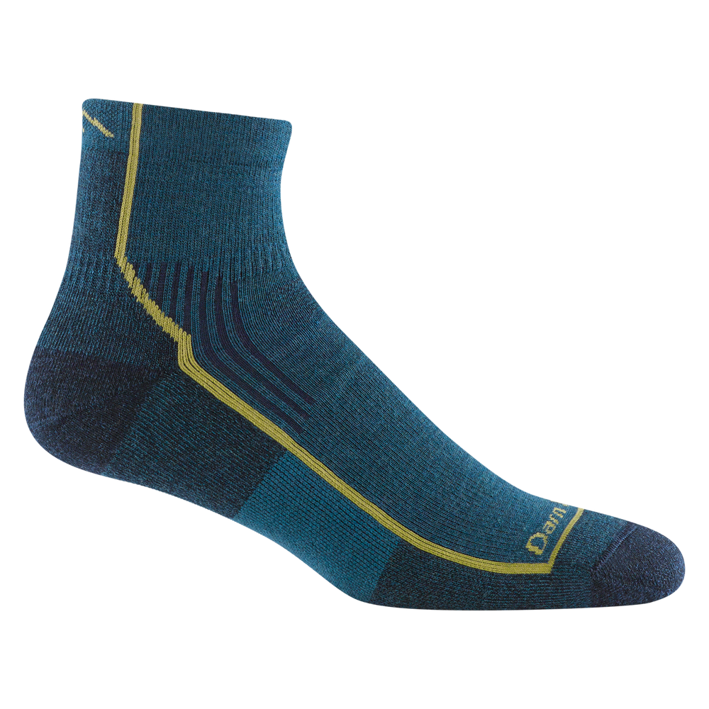 1959 men's quarter hiking sock in color dark teal with navy toe/heel accents and yellow forefoot outline