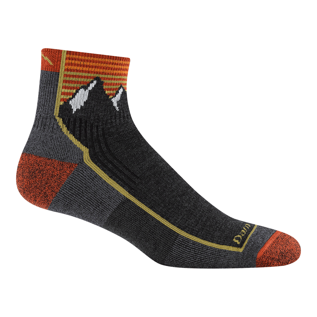 1959 quarter hiking sock in mountain gray featuring orange heel/toe, charcoal body with stripes and mountain image on cuff