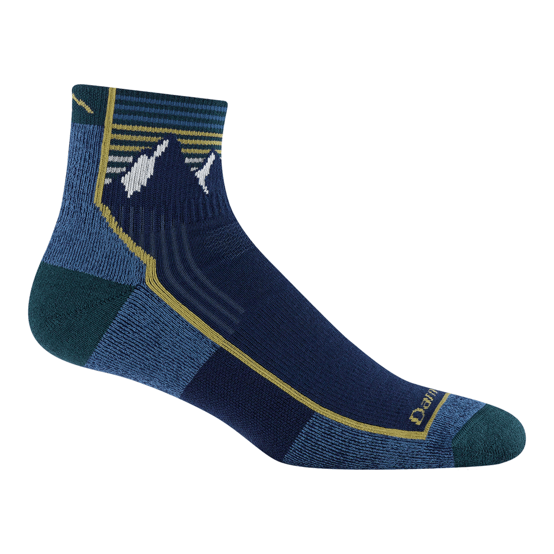 1959 quarter hiking sock in mountain lake featuring bottle green heel/toe blue body with stripes and mountain image on cuff