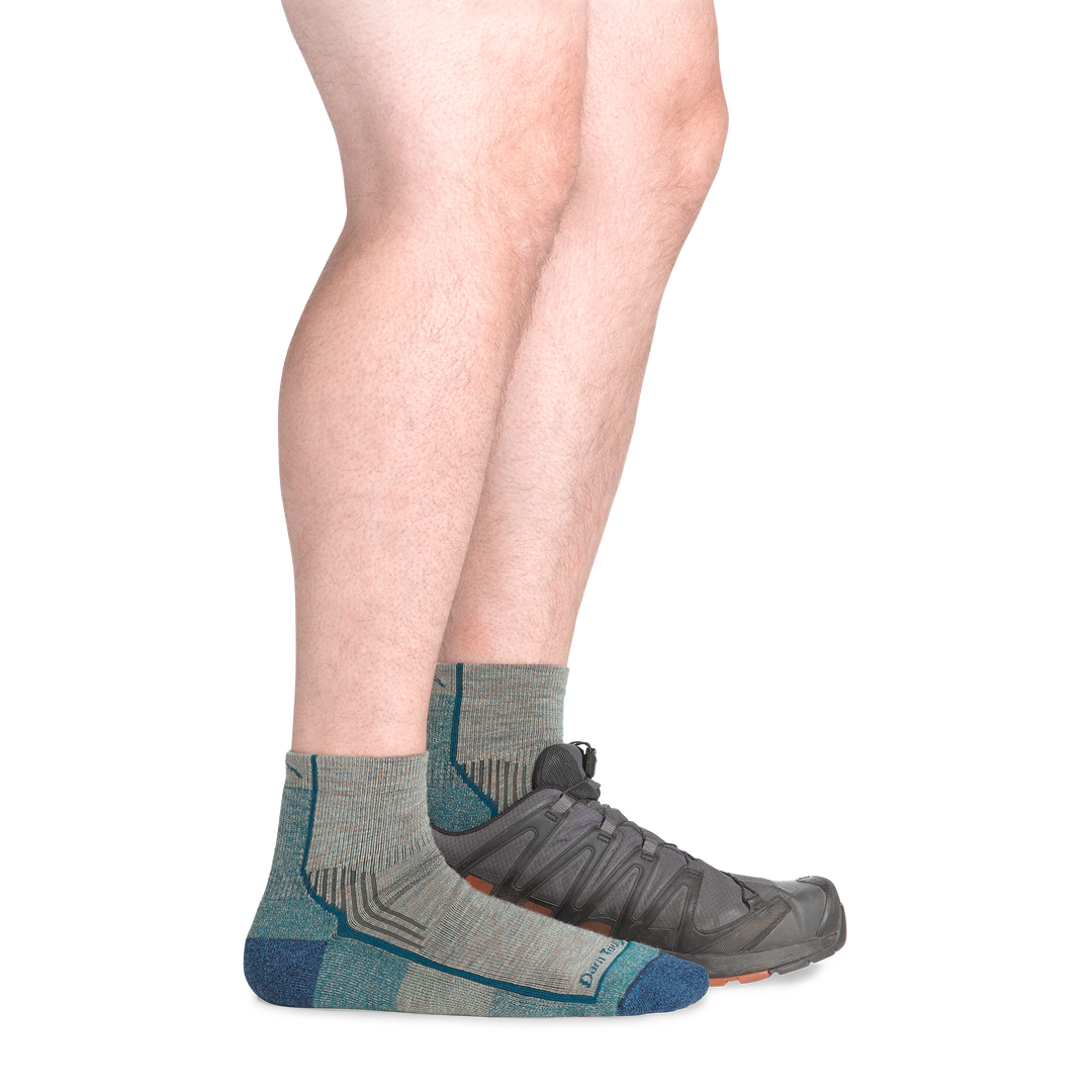 on model image with back foot in shoe wearing the 1959 quarter midweight hiker in rye colorway